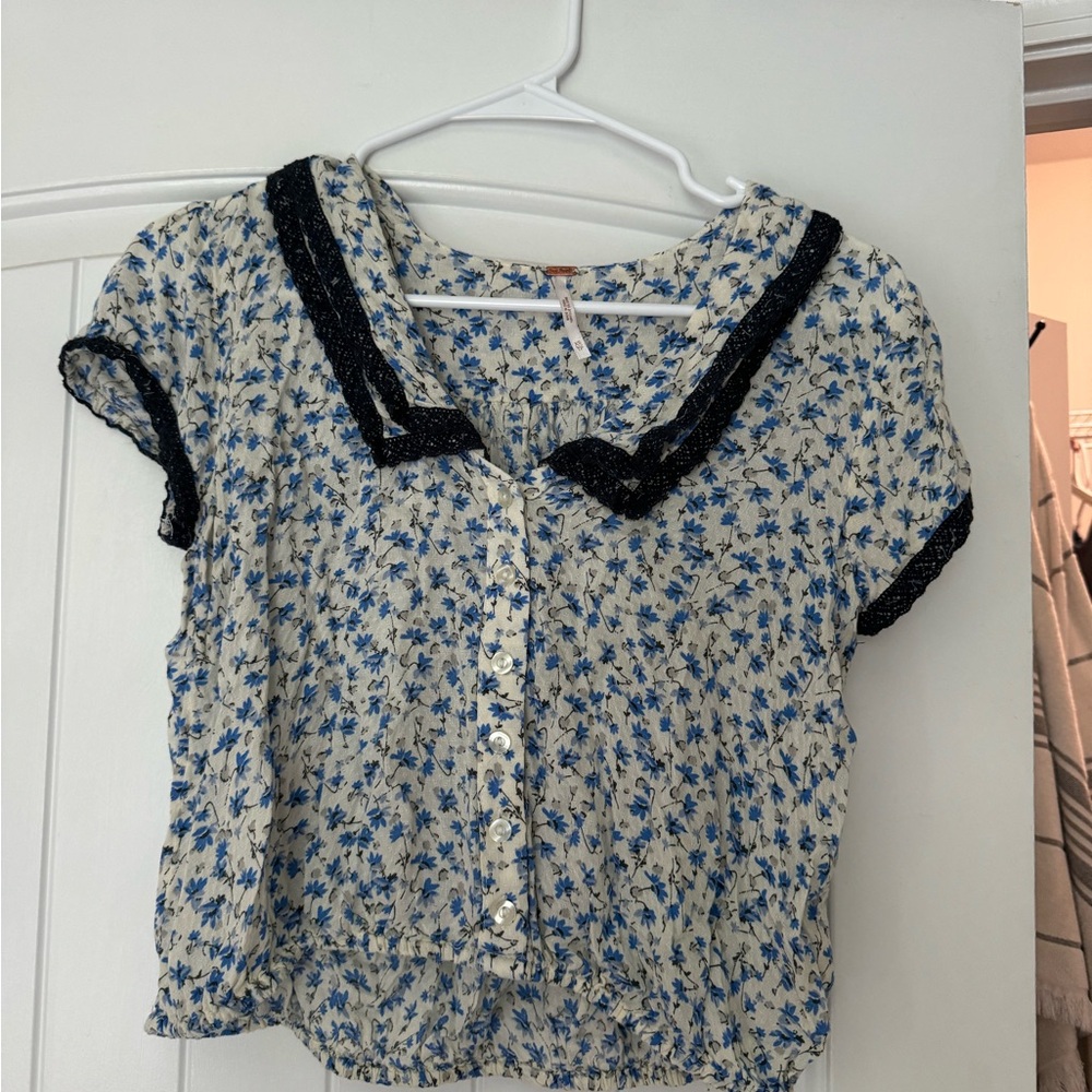 Free People Blue Floral Top with Black Trim